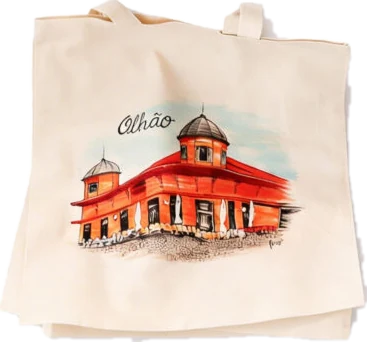 Saco de pano com o Mercado de Olhão desenhado a cores